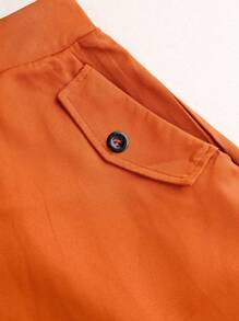 2pcs/Set Casual Round Neck Short Sleeve Buttoned Crop Top And Single Breasted Pocket A-Line Skirt Outfit