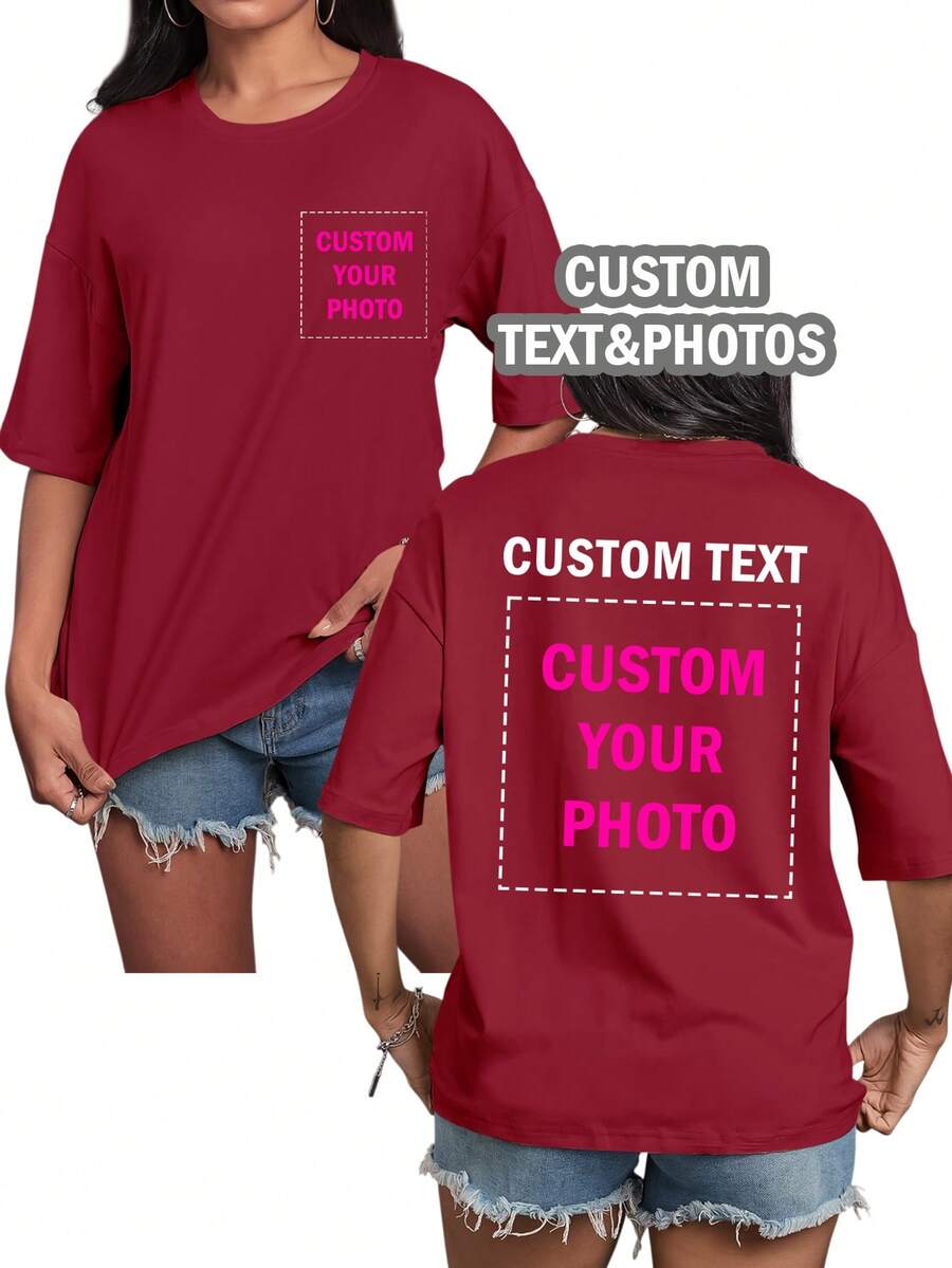 Customized Personalized Gift, Customized Women's T-Shirt, Customized Front And Back Pattern Top, You Can Add Your Photo (Pattern/Logo/Family Photo/Selfie/Pet/Couple Photo), Back Can Add Text And Photo, Choose Your Favorite Text, Design Your Own Personalized Printed T-Shirt As A Gift For Girlfriend, Couple Matching T-Shirt, Etc. Summer,Gym Wear Sports - Burgundy - View 1