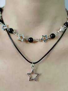 Set da 3 collane in stile bohémien con perle finte nere a forma di croce/pentagramma, con cristalli e perline, include collane a forma di stella, cuore e motivi gotici, adatto a amiche, sorelle, donne, per uso quotidiano