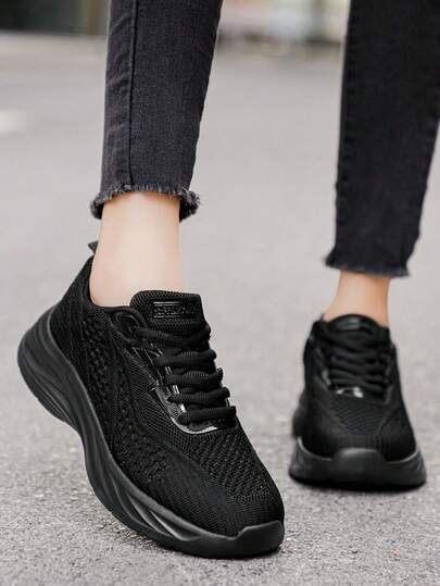女士纯色网眼系带休闲运动鞋，时尚百搭，四季皆宜