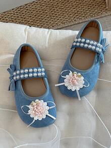 1 Pair New Summer Rhinestone Butterfly Pearl Floral Decor Suede Leather Lightweight Shallow Buckle Sweet Princess Style Little Leather Shoes, Suitable For Parties And Daily Outings - Blue - View 4
