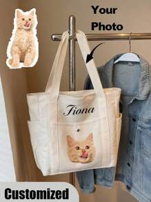 Borsa a spalla personalizzata con foto e nome dell'animale domestico, grande capacità, adatta per lavoro, viaggio, studenti universitari, multifunzionale, versatile, leggera, funzionale e pratica per anniversari, Natale, autunno, vacanze, attività all'aperto, escursioni, stadio, sport, arrampicata