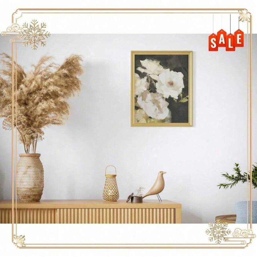 White Floral Gold Wood Frame Canvas Wall Painting, Decorative Painting For Living Room, Bedroom, Dining Room, Entryway, Hallway, 16 X 20 Inch