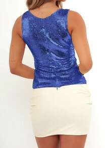 Women's Summer Crop Tank Tops Casual Shiny Sequins V-Neck Sleeveless Shirt Aesthetic Clothes For Streetwear - 藍色 - 查看 4