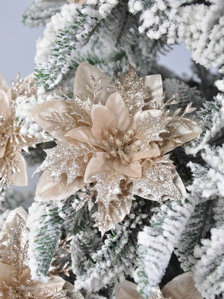 6/12/18/24PCS Christmas Artificial Flower Heads Sparkling Christmas Flowers For Home Weddings Parties Christmas Trees Garlands DIY Holiday Decoration Home Decor Christmas Decorations Room Decor