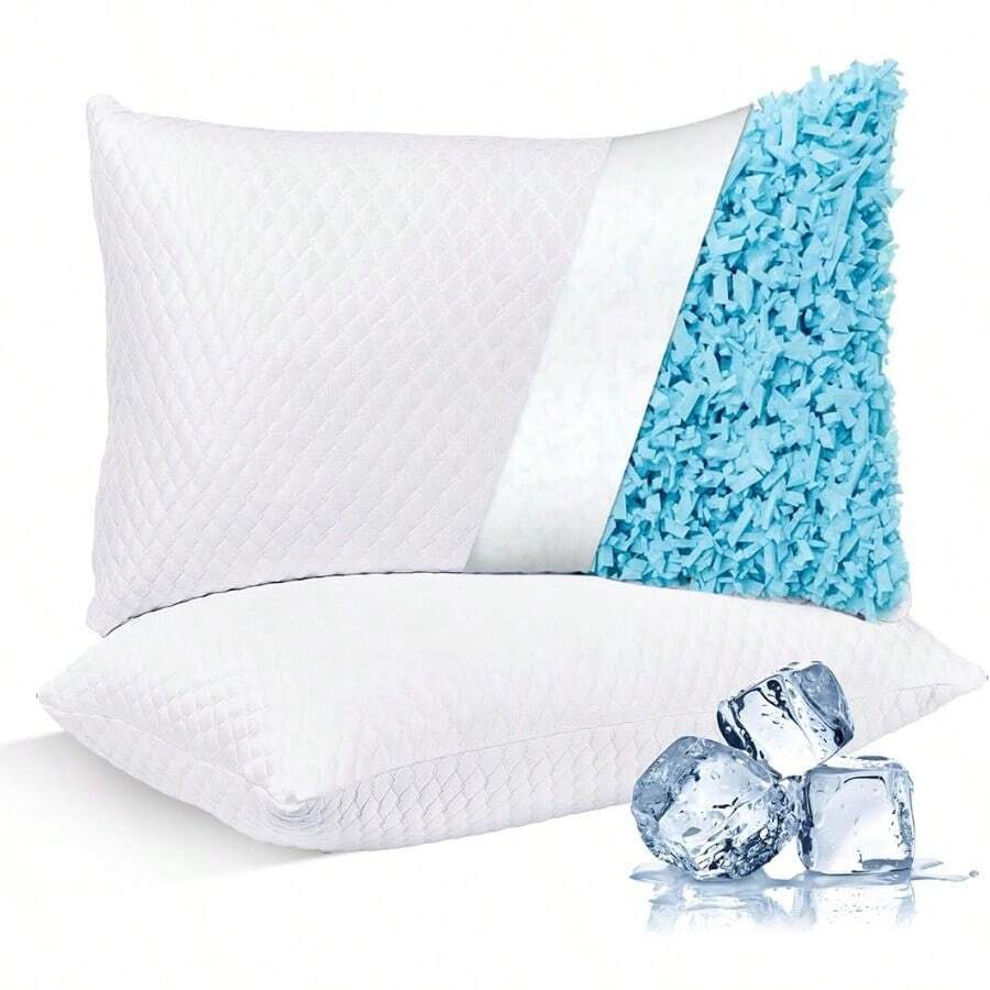 Cooling Pillows For Sleeping 2 Pack Shredded Memory Foam Bed Pillows Standard Size Set Of 2 Gel Pillow For Hot Sleepers Cool Pillow For Side Back And Stomach Sleepers Supportive - 象牙白 - 查看 1