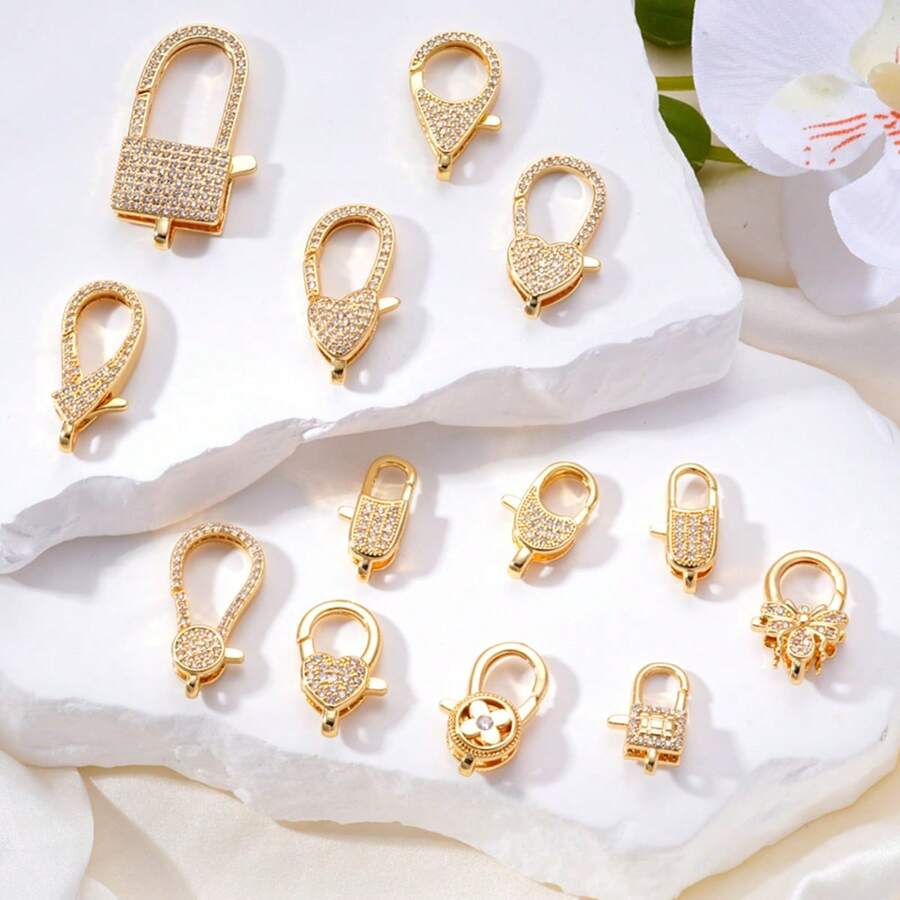 1 pezzo Connettore per collana e bracciale di grandi dimensioni con chiusura a moschettone placcata in oro con zirconi micro-intarsiati - Multicolore - Visualizzare 1