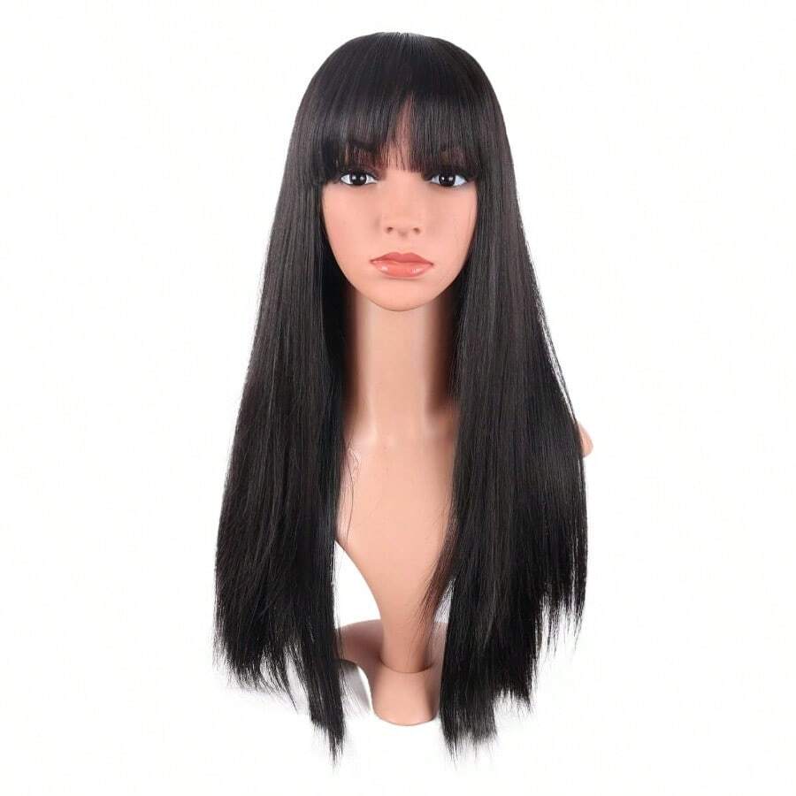 M24 Inch 60 Cm Women Long Straight With Flat Bangs Synthetic Hair Heat Resistant Fiber Hair For Party Cosplay Wig Black 8001 - màu đen - Xem 1
