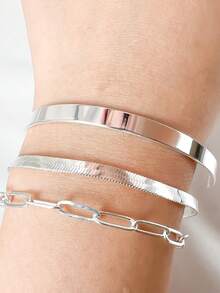 3 Pieces Minimalist Bracelet 925 Silver Plated 18K Gold - 銀色 - 查看 1