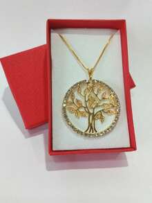 Necklace With Large Hollow Pendant, Tree Of Life Medal With Rhinestones - 金色 - 查看 1