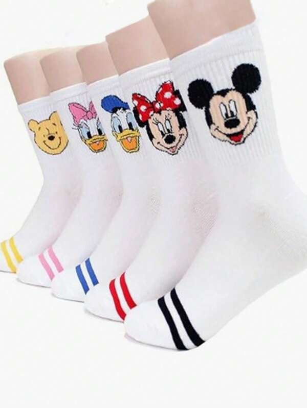Disney 5 pares de calcetines de media caña con diseños de personajes de dibujos animados de Disney, incluidos Mickey Mouse, Donald Duck, Minnie Mouse y Winnie the Pooh, en colores aleatorios