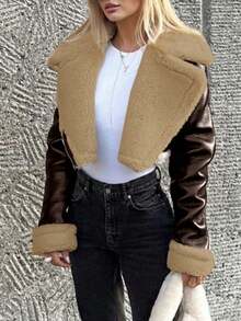 Apperloth A Chaqueta corta de motociclista de estilo callejero con cuello vuelto, puños con cremallera y forro térmico de piel sintética - Marrón Chocolate - Ver 2