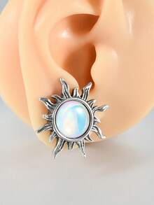 1Pair Retro Shiny White Flash Sun Saddle Ear Plugs Tunnels Stainless Steel Pulley Thread Ear Strengther Gauge Expander Weight Piercing Body Jewelry - 1 Pair Of White Flash Sun Ear Expansion - View 5