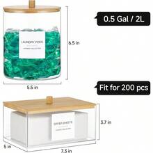 Frascos de vidrio y soporte de láminas de secado de acrílico, contenedor de cápsulas de lavandería con tapa de bambú y 27 etiquetas, contenedores de detergente en polvo para organización de la sala de lavandería, set de frascos de almacenamiento (paquete de 3) - Blanco - View 3