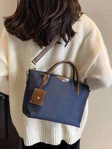 Nueva bolsa cuadrada portátil de tela de nailon impermeable de unicolor con doble asa, se puede colgar, adecuada para viajar, comprar y desplazarse, bolso bandolera vintage con hebilla de aguja, bolso de mano de gran capacidad - Azul - Ver 9