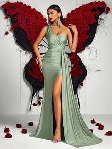 ADYCE 不对称领口、褶皱腰身、高开衩长裙、前幅垂褶设计、露背剪裁，完美适用于盛大晚宴、优雅晚宴、婚礼宾客着装、毕业典礼和正式晚宴等正式场合。 - 綠色 - 查看 5
