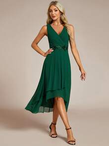 EVERPRETTY Elegant Autumn V-Neck Embroidered Applique Ruffle Chiffon Dark Green Bridesmaid Dress, Semi-Formal Wedding Guest Dress, Valentine's Day - Dark Green - View 4