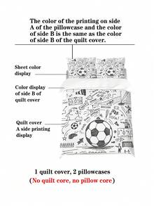 Conjunto de cama com 4 peças de estampa de futebol em preto e branco, estilo desenho animado, inclui 1 capa de edredom + 2 fronhas + 1 lençol, adequado para quarto, hotel, escola, apartamento