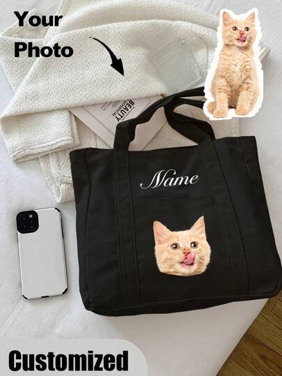 Personalized Pet Photo And Name Tote Bag, Large Capacity Shoulder Bag For Work, Travel, College Students Letter Portable, Multifunction, Versatile, Lightweight, Functional, Practical For Anniversaries, For Christmas, For Fall/Autumn, For Holiday/ Vacation, For Outdoors/Outings/Travel/Hiking/Stadium/Sports/Climbing