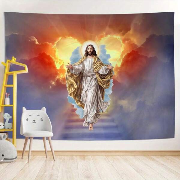1pc Polyester Heavenly Tapestry Featuring Divine Ascent Sacred Wall Art Featuring Holy Figure Spiritual Journey Artwork For Home Decor Meditation Room Sacred Space Interior Design Ethereal Ambiance Inspirational Textile Wall Covering Faith Love Peace Tranquility Spiritual Awakening Transformation Soul