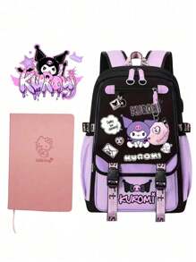 Sanrio Kuromi Anime Rucksack mit Lunch-Tasche, Nylon Laptop-Rucksack für Jungen und Mädchen, Mehrere Fächer, externer Geräteport, wasserdichtes Design, verstellbare Schultergurte, ideal für Schule, täglichen Gebrauch und Reisen, süßer Cartoon-Muster, thematische Lunch-Tasche, Reißverschluss-Verschluss, Schul-Rucksack
