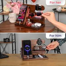 Wood Phone Docking Station For Men - Desk Or Nightstand Organizer - Birthday Gifts For Husband, Dad - Anniversary Idea From Wife - Key Holder, Stand Wallet, Watch & Essentials - màu nâu - Xem 4