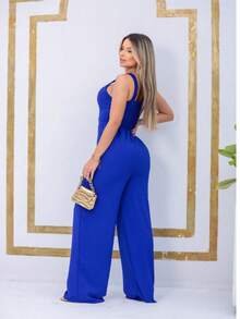 Duna Elegant Long Jumpsuit Wide Leg Pants Thick Straps Ruched V Neckline - Xanh đậm - Xem 4