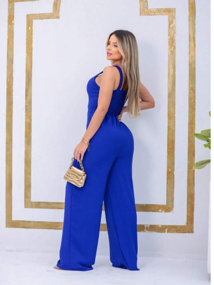 Duna Elegant Long Jumpsuit Wide Leg Pants Thick Straps Ruched V Neckline - Xanh đậm - Xem 4