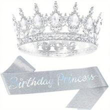 Perlengkapan Pesta Ulang Tahun Bling Rhinestones Mahkota Tiara Emas Selempang Putri Ulang Tahun untuk Wanita Aksesori Rambut Selamat Ulang Tahun Hadiah Prom Dekorasi - MultiWarna - View 15