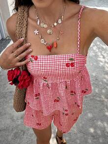 Doriss Women's Plaid Cherry Print Ruched Camisole And Shorts 2 Pieces Set