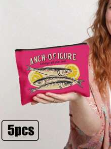 Retro Sardines Cosmetic Pouch,Olive Oil And Lemon Design, Unisex Adult Polyester Mini Makeup Bag, Hypoallergenic Zippered Toiletry Case, Pink Zippered Cosmetic Bag, Multifunctional Snack, Stationery Or Gift, Tin Fish Print Accessory Clutch, Cosmetic Pouch For Girls Women, Makeup Bag, Toiletry Bag For Travel, School, And Commuting,Unisex Adult Portable Storage Bag