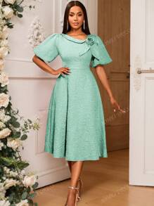 Women's Rose Jacquard Commuting Embossed Elegant Short Sleeve A-Line Puff Sleeve Cocktail Party Graduation Dress,For Birthday, Wedding Guest, Graduation, Dinner, Homecoming,Back To School