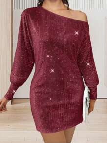 Women Y2k Sparkly Sequins Babydoll Mini Dress Shiny Long Sleeve Crewneck Glitter Short Club Party Dress