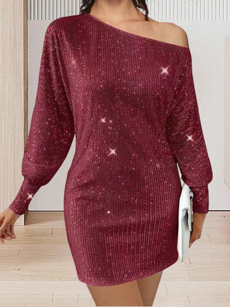 Women Y2k Sparkly Sequins Babydoll Mini Dress Shiny Long Sleeve Crewneck Glitter Short Club Party Dress