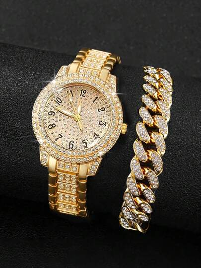 2 Stücke modische, mit Gold und Diamanten besetzte Quarzuhr & Kette Armband Set, Geschenk für Party & Geburtstag
