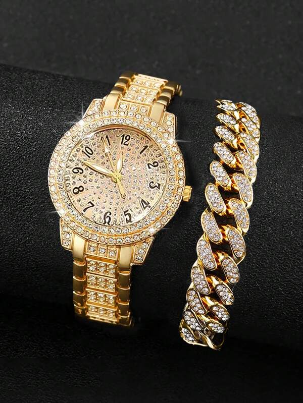 2PCS Fashionable Gold Diamond-Studded Quartz Watch & Cuban Chain Bracelet Set, Party & Birthday Gift