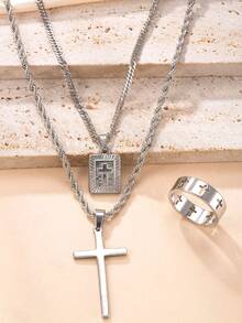 18K Gold Plated Exaggerated Hip-Hop Jewelry Set: 3pcs Stainless Steel Cross Pendant Necklace, Matching Bracelet And Ring - 3pcs - View 10