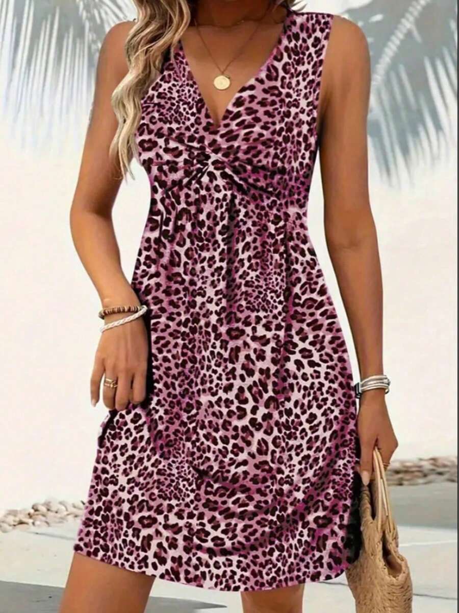 Chic Leopard Sleeveless Mid-Length Dress, Knotted V-Neck Shift Dress