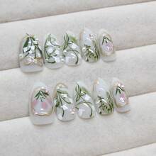 M24Pcs Green Pr On Nails Medium Almond Fake Nails White Pink Flower With Pearl Rhinestones Designs Full Cover Gold French Tip Nails Bow Stick On Nails Handmade False Nails For Women Acrylic Nails8001 - 綠色 - 查看 4