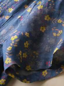 Damen Große Größen Kleinteiliges Blumen Muster Kurzarm Leinenbluse mit Mandarinskragen Künstlerisches Top für Petite, Sommer Leinen Damen Rock, Altes Geld, Boho Rock - Blau - Übersicht 5