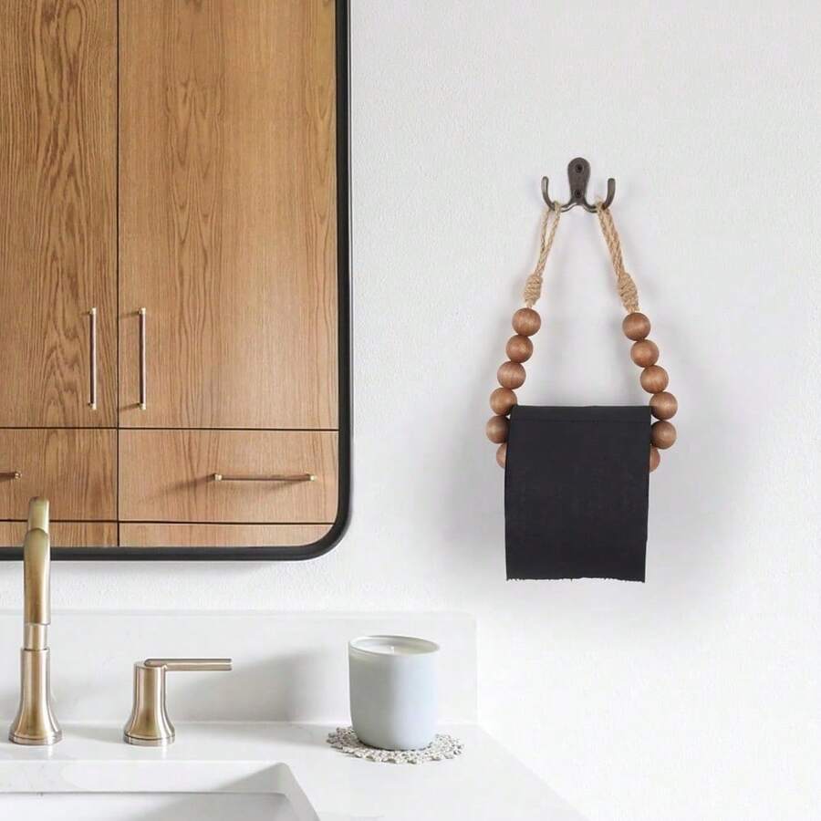 Toilet Paper Holder Natural Wood Bead Toilet Paper Roll Holder Toilet Paper Holder Wall Mount Toilet Tissue Holder Bathroom Towel Holder (Coffee)