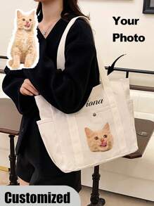 Borsa a spalla personalizzata con foto e nome dell'animale domestico, grande capacità, adatta per lavoro, viaggio, studenti universitari, multifunzionale, versatile, leggera, funzionale e pratica per anniversari, Natale, autunno, vacanze, attività all'aperto, escursioni, stadio, sport, arrampicata