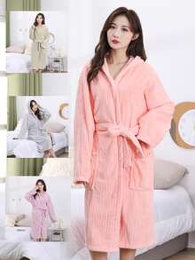 1pc Coral Fleece 3D Striped Hooded Bathrobe, Loungewear, Spa, Sauna, Swimming, Gift - Pink - View 2