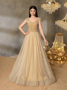 Váy dạ hội thanh lịch dành cho bé gái tuổi teen Alisa&Leo - Tay lửng có thân áo đính sequin, chân váy xếp nếp bằng vải tuyn cho tiệc tốt nghiệp, trang phục dự tiệc cưới, dạ hội và sự kiện trang trọng cao cấp - Rượu sâm banh - Xem 8