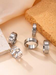 5入組時尚不鏽鋼戒指，簡約黑色羅馬數字戒指，中空旋轉戒指，男士酷炫嘻哈戒指配件