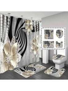 1 件/4 件浴室窗帘淋浴套装，浴帘和浴垫套装，花卉和珍珠图案浴室装饰套装，经典简约豪华浴室套装，配有 12 个挂钩