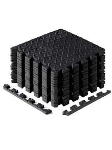 16片装健身器材泡沫垫 - 非防水EVA泡沫材质，适用于健身房和家庭锻炼，耐用彩色拼图垫（黑/灰），可降低噪音并确保训练安全，健身配件