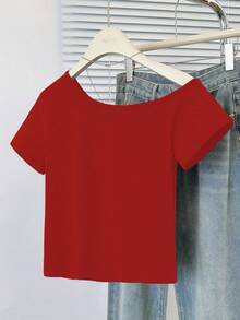 性感不对称领口短袖修身短款T恤 - 紅色 - 查看 9