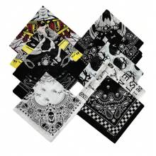 1pc Solid Color Bandana - Skull & Vintage Paisley Print Square Scarf, Black & White, Machine Washable, Unisex Motorcycle Riding Outdoor Fashion Accessory, Motorcycle Gear, Avant-Garde Fashion Piece, Exquisite Pattern Design, Halloween Skull Print Bandana Skull Paisley Pattern Polyester