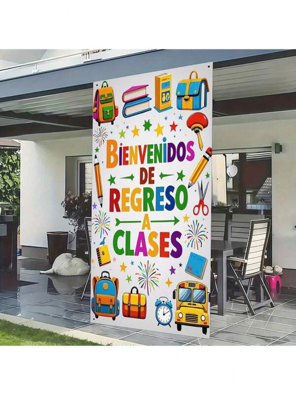 1 pieza Estandarte de tela de poliéster 2D vibrante de regreso a la escuela - Decoración escolar temática colorida con diseño "Bienvenidos De Regreso A Las Clases", apto para uso interior y exterior, sin necesidad de energía, excelente para fiestas, celebraciones de temporada y decoraciones escolares